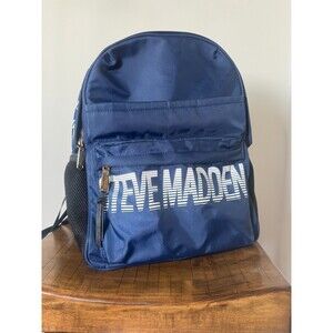 Steve Madden Backpack Navy Blue & Black Nylon Logo School Travel Bookbag Bag 17"